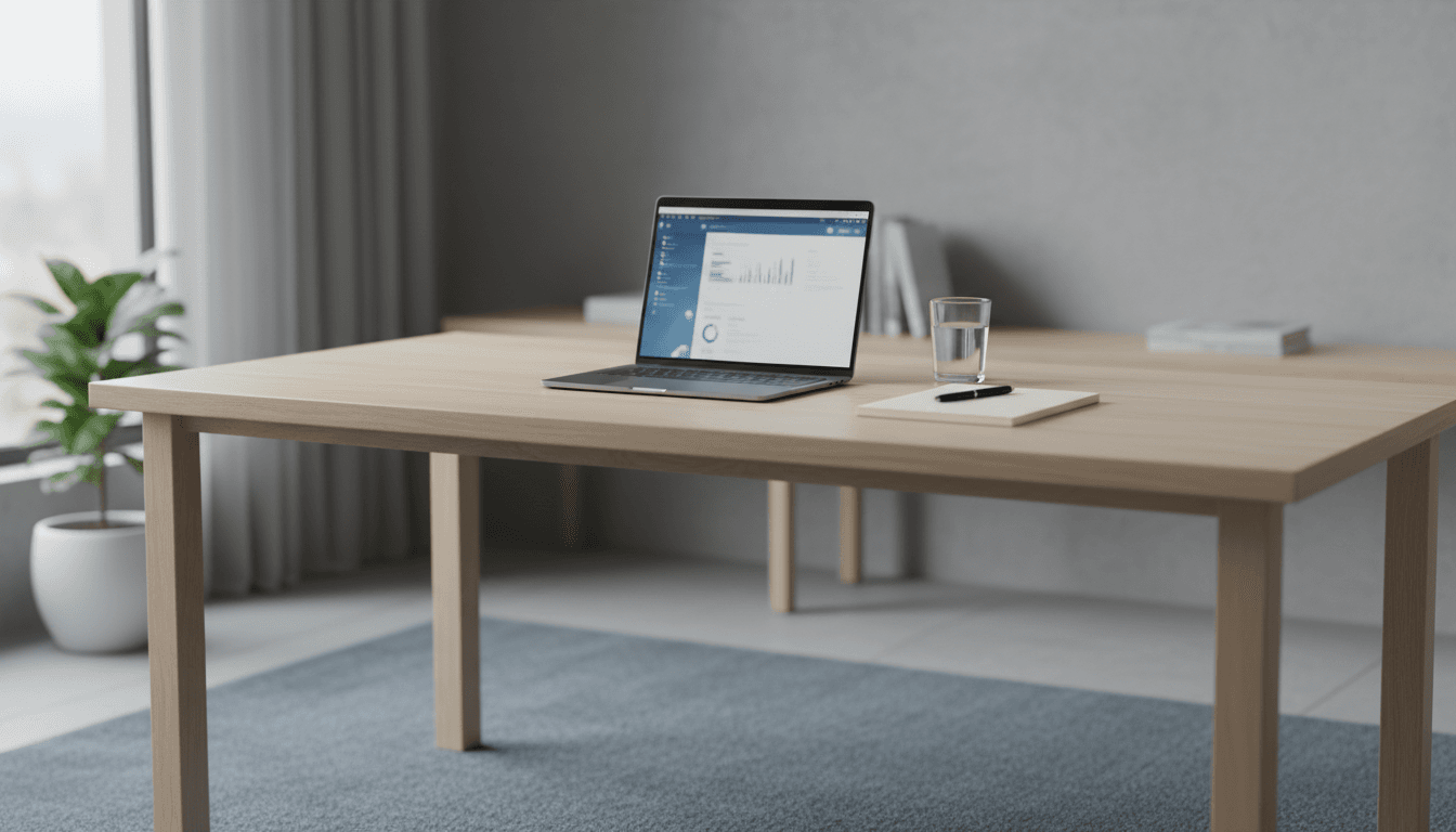 Minimalist IT consulting workspace with laptop and notepad