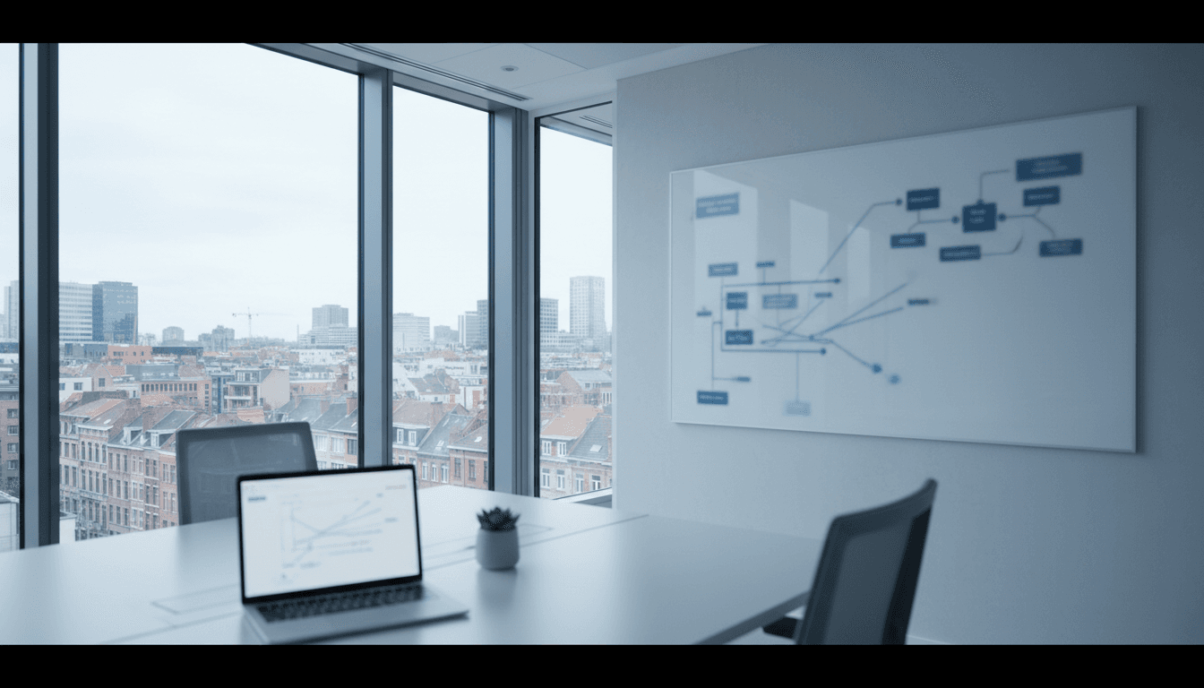 Bright modern IT consulting office with laptop and whiteboard in Mechelen