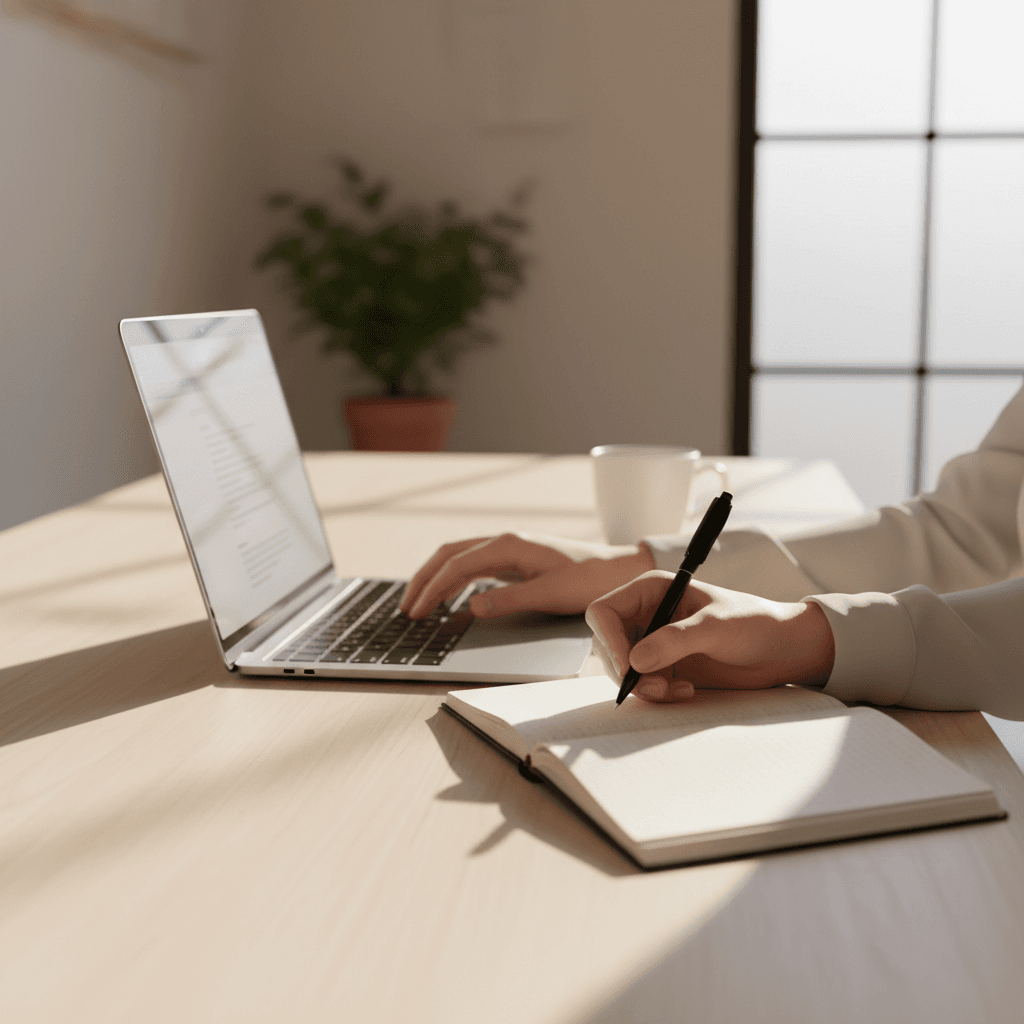A professional consultant's desk with a laptop and notebook ready for a discussion