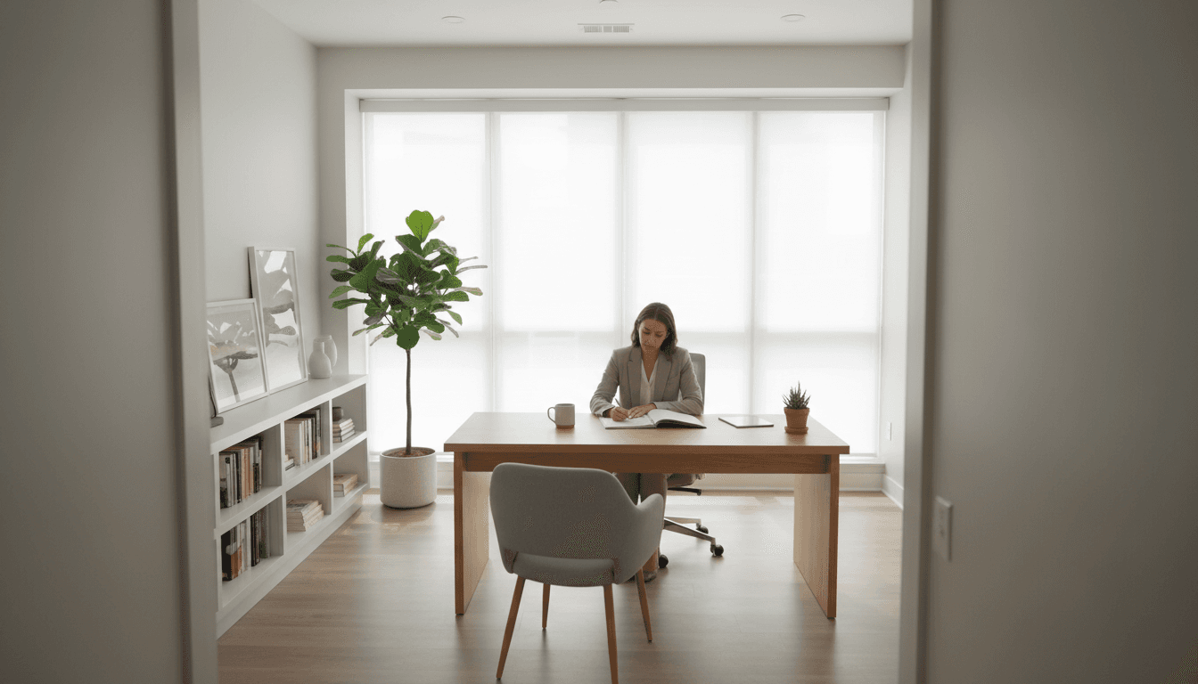 A modern workspace with a laptop and notebook in soft natural light