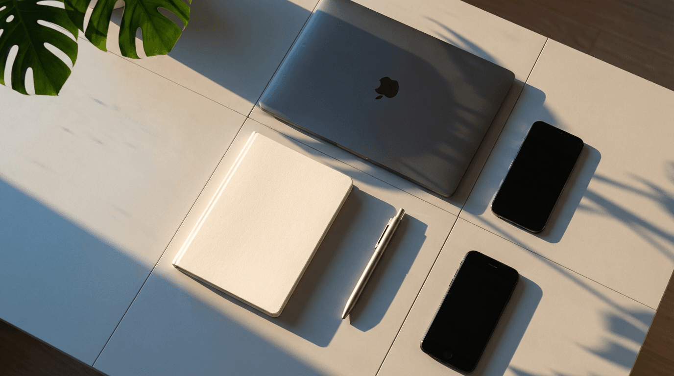 Professional office desk with laptop and notebook in natural light