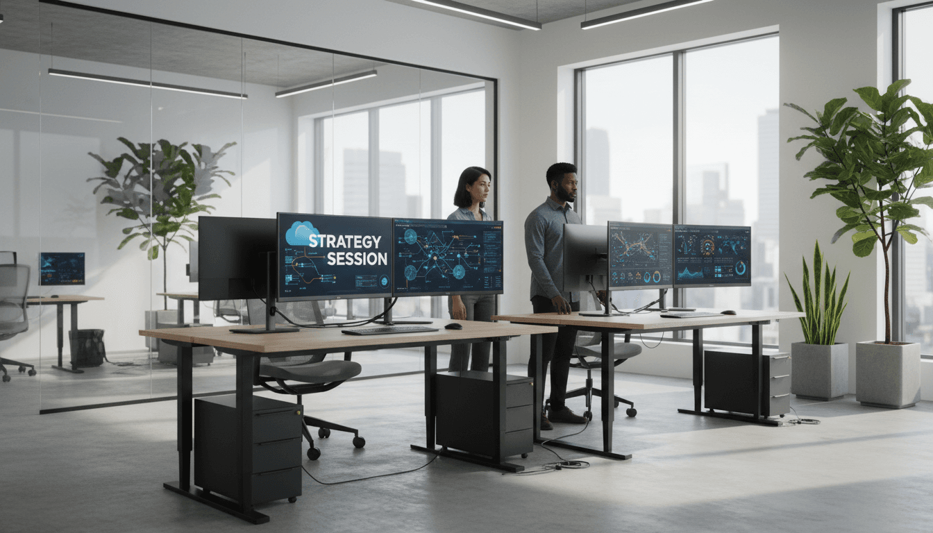 Contemporary workspace with laptops and monitors with blurred code interface, blue and grey tones