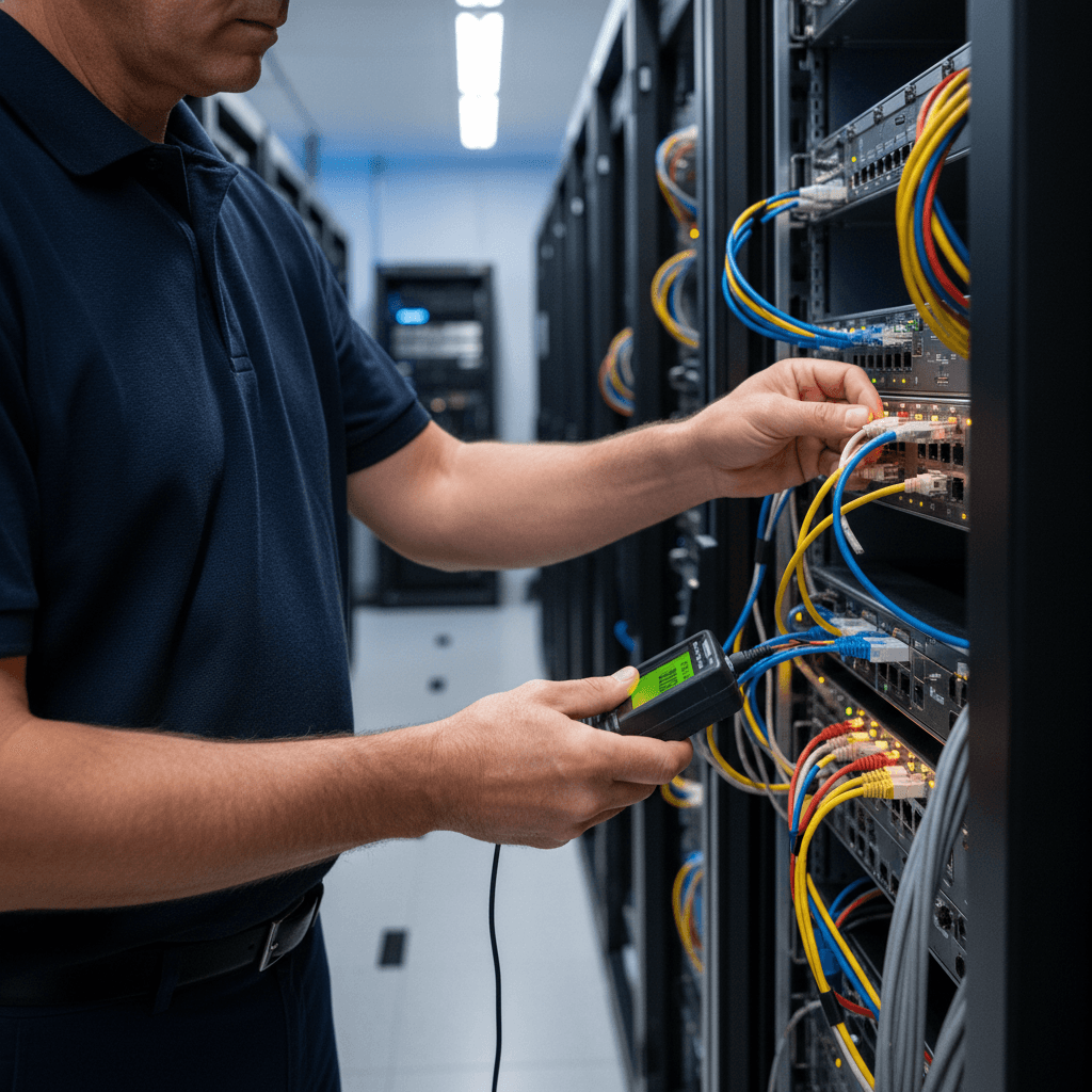 Hands of a technician updating server firmware with a laptop