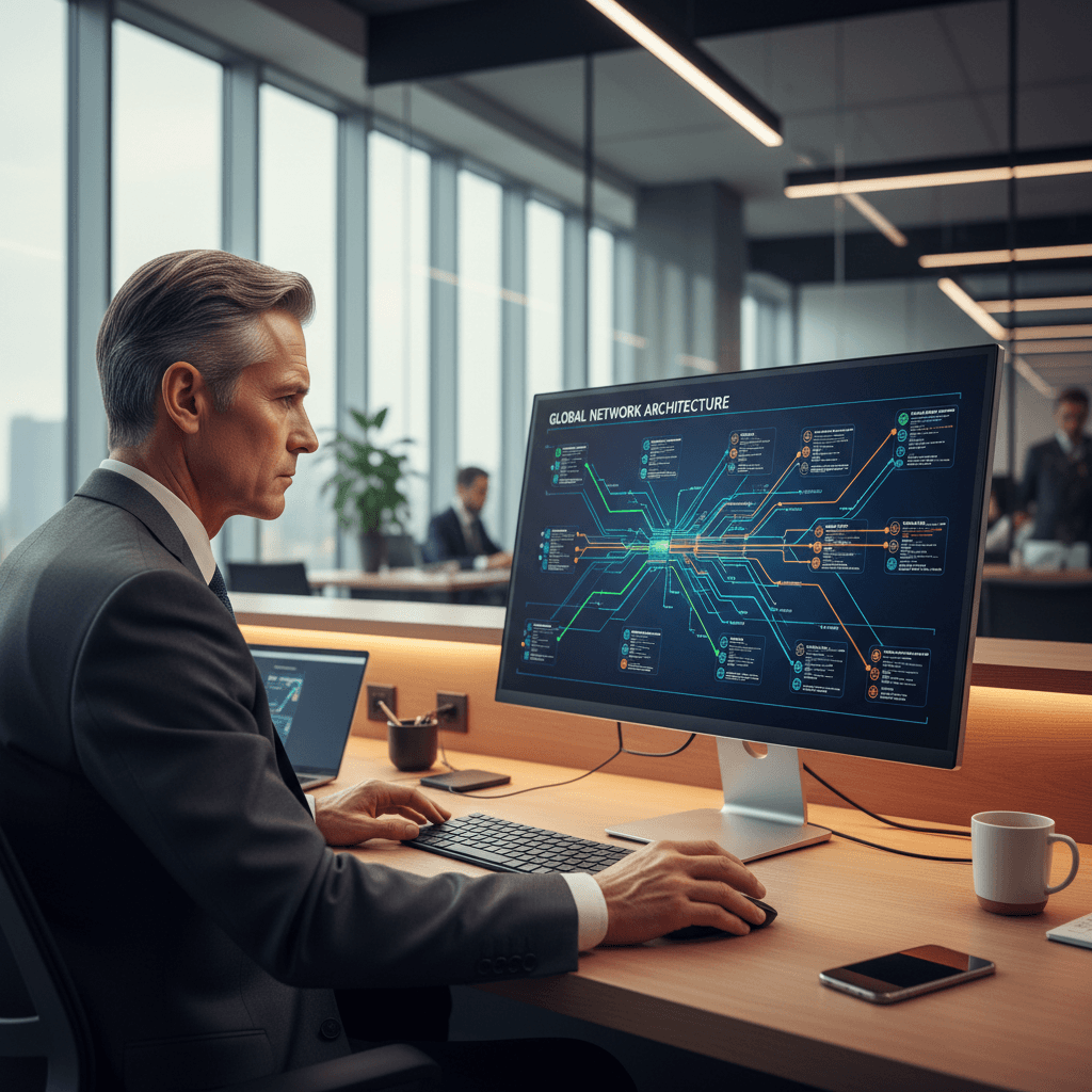 IT consultant reviewing technical diagrams on a monitor