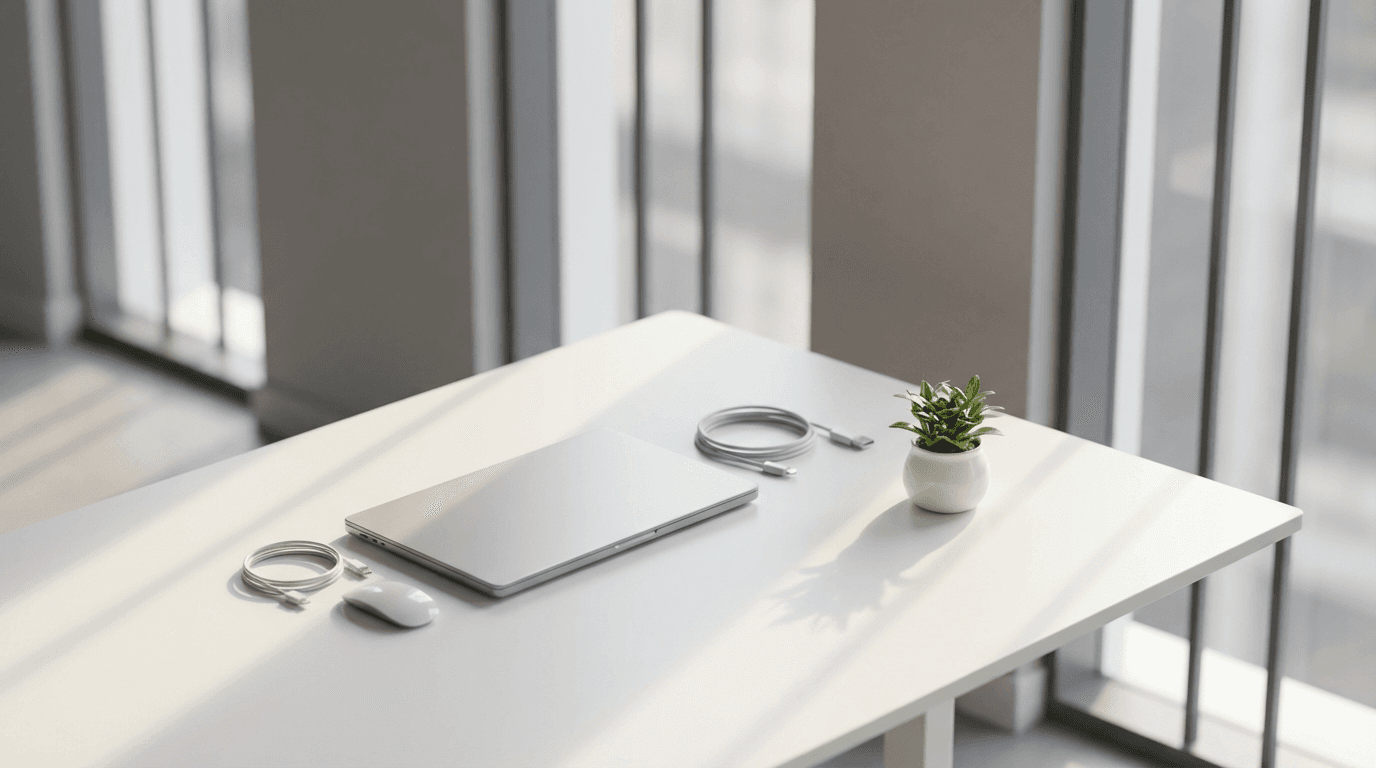 Modern IT workspace with a laptop and blue ambient lighting